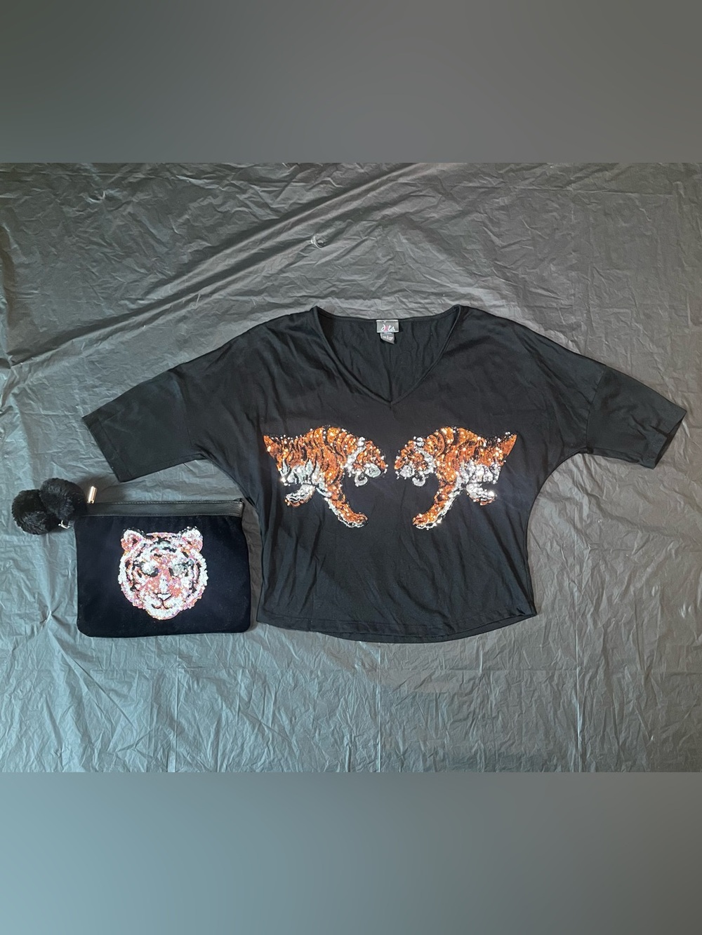 Bundle Dots Black V-Neck Sequin Accent Top and Purse